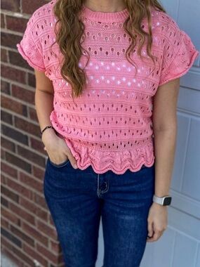 BiBi Pink Eyelet Knit Crop Top with Scalloped Hem